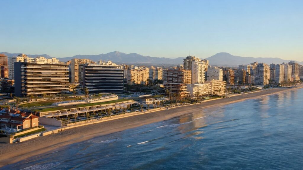 Aerial panoramic view of beachfront residential buildings at Playa de San Juan in Alicante facing the Mediterranean Sea