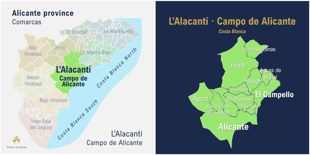 Geographical map of Alicante province highlighting L'Alacantí comarca (Campo de Alicante) and its 10 municipalities including Alicante, El Campello, Mutxamel, and San Juan.
