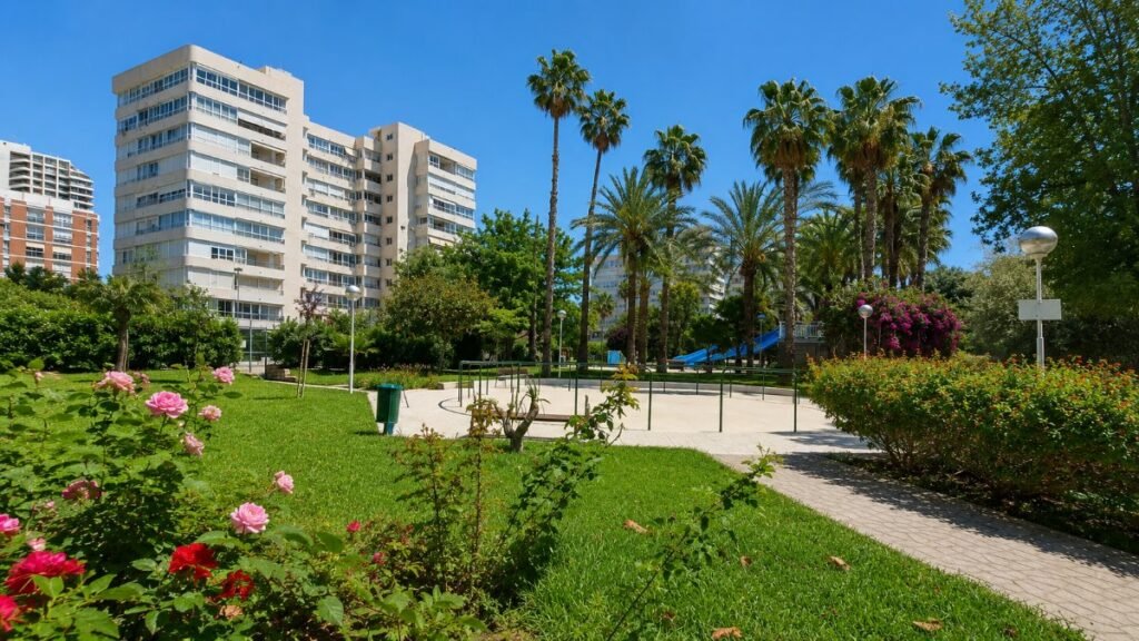 Mediterranean ornamental gardens and communal areas of the Garden Playa residential complex in Playa de San Juan Alicante